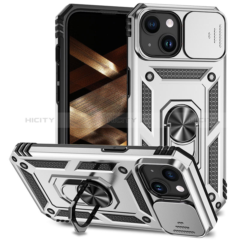 Funda Bumper Silicona y Plastico Mate Carcasa con Magnetico Anillo de dedo Soporte MQ1 para Apple iPhone 15 Plus Plata