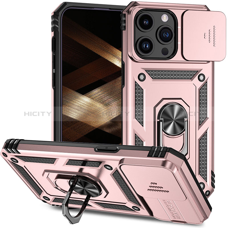 Funda Bumper Silicona y Plastico Mate Carcasa con Magnetico Anillo de dedo Soporte MQ1 para Apple iPhone 16 Pro Oro Rosa