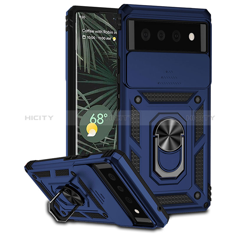 Funda Bumper Silicona y Plastico Mate Carcasa con Magnetico Anillo de dedo Soporte MQ1 para Google Pixel 6 5G Azul