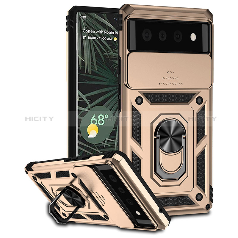 Funda Bumper Silicona y Plastico Mate Carcasa con Magnetico Anillo de dedo Soporte MQ1 para Google Pixel 6 5G Oro