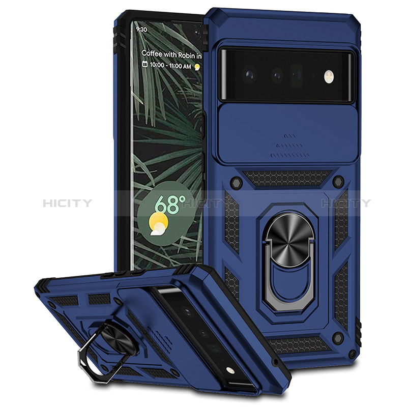 Funda Bumper Silicona y Plastico Mate Carcasa con Magnetico Anillo de dedo Soporte MQ1 para Google Pixel 6 Pro 5G Azul