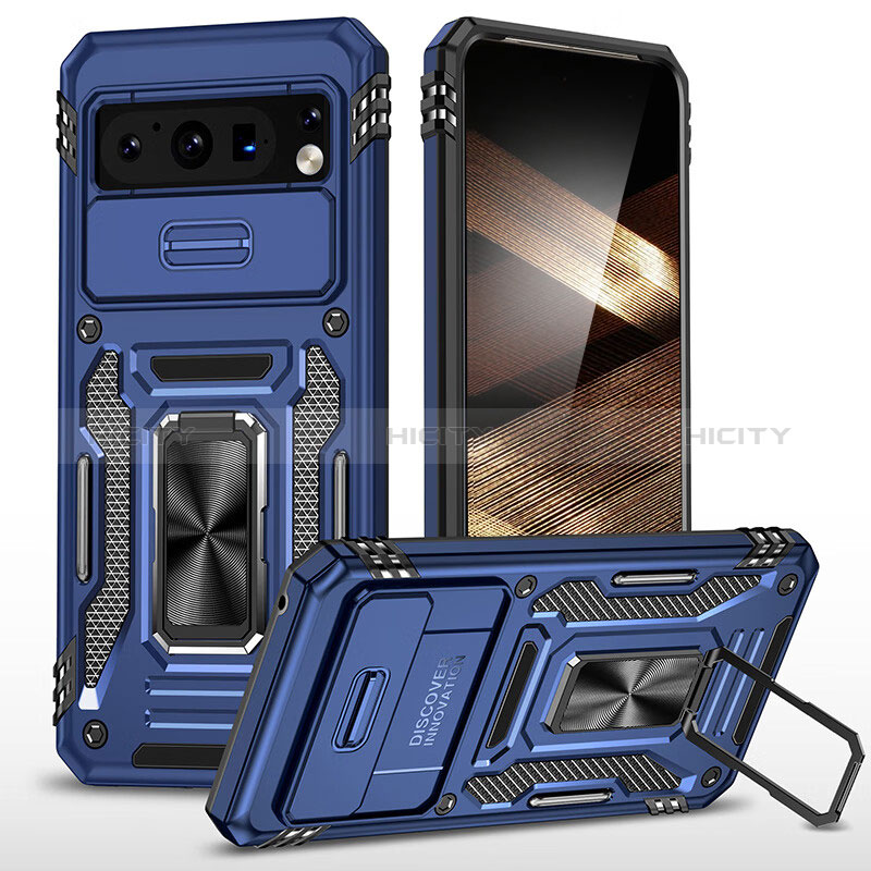 Funda Bumper Silicona y Plastico Mate Carcasa con Magnetico Anillo de dedo Soporte MQ1 para Google Pixel 8 Pro 5G Azul