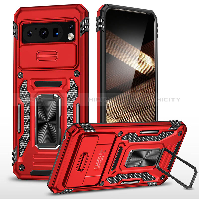 Funda Bumper Silicona y Plastico Mate Carcasa con Magnetico Anillo de dedo Soporte MQ1 para Google Pixel 8 Pro 5G Rojo