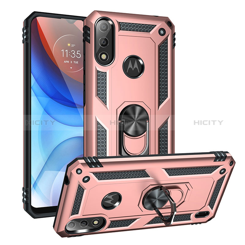 Funda Bumper Silicona y Plastico Mate Carcasa con Magnetico Anillo de dedo Soporte MQ1 para Motorola Moto E7 Power Oro Rosa