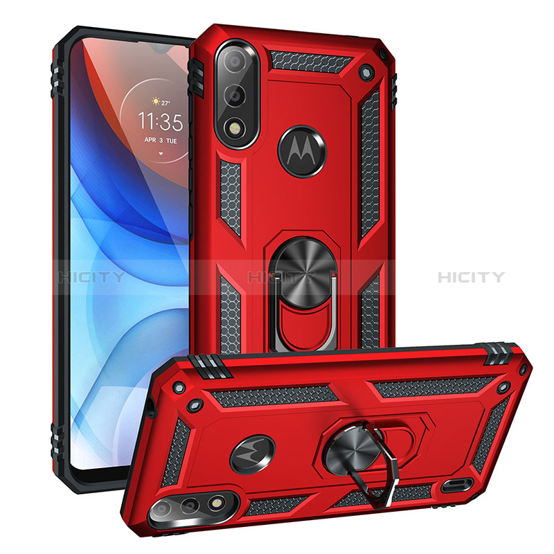 Funda Bumper Silicona y Plastico Mate Carcasa con Magnetico Anillo de dedo Soporte MQ1 para Motorola Moto E7 Power Rojo