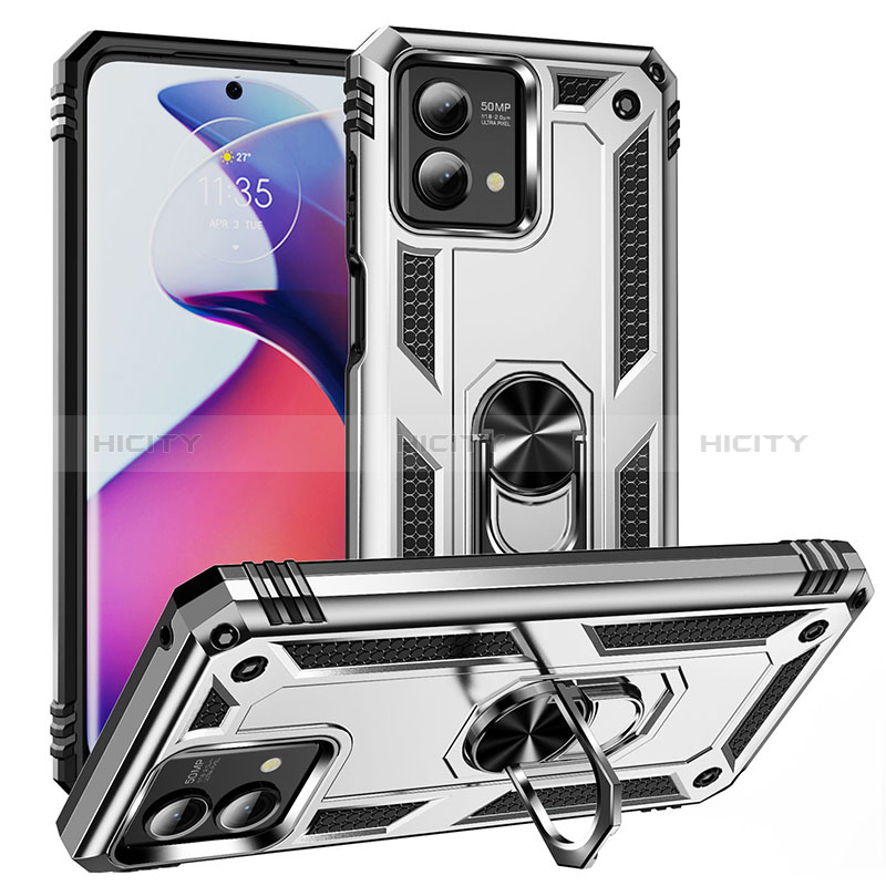 Funda Bumper Silicona y Plastico Mate Carcasa con Magnetico Anillo de dedo Soporte MQ1 para Motorola Moto G Stylus (2023) 4G Plata