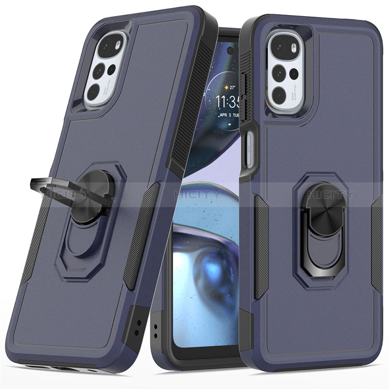 Funda Bumper Silicona y Plastico Mate Carcasa con Magnetico Anillo de dedo Soporte MQ1 para Motorola Moto G22 Azul