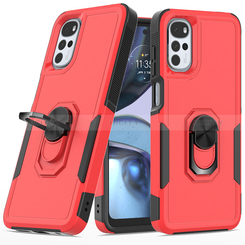 Funda Bumper Silicona y Plastico Mate Carcasa con Magnetico Anillo de dedo Soporte MQ1 para Motorola Moto G22 Rojo