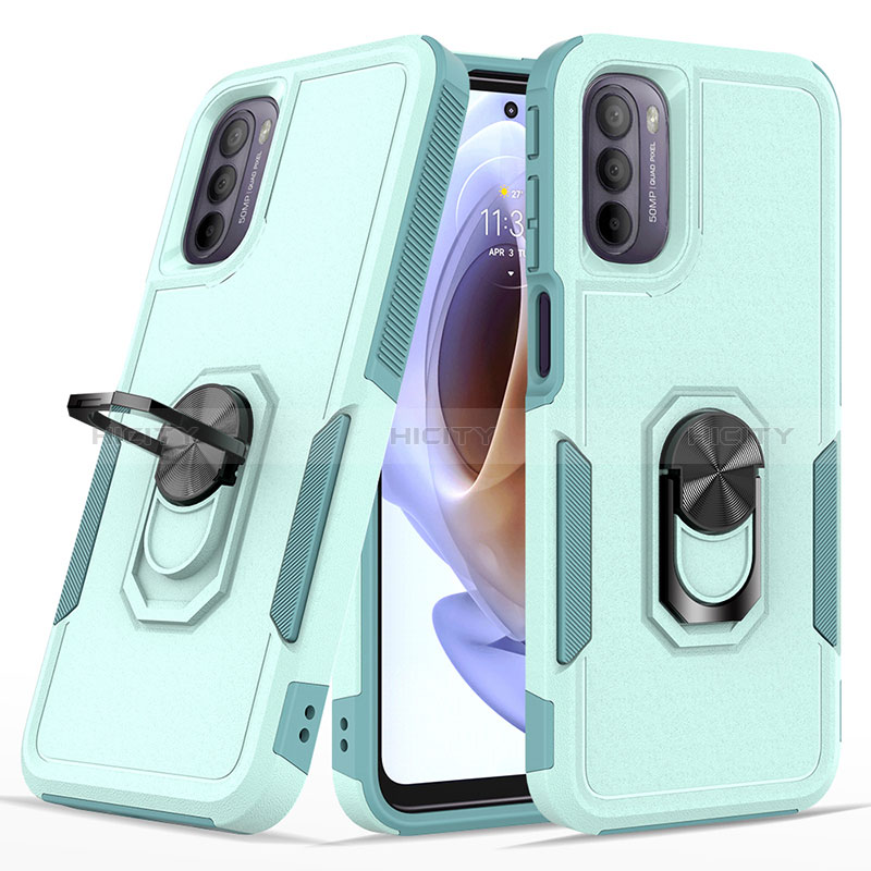 Funda Bumper Silicona y Plastico Mate Carcasa con Magnetico Anillo de dedo Soporte MQ1 para Motorola Moto G41 Cian