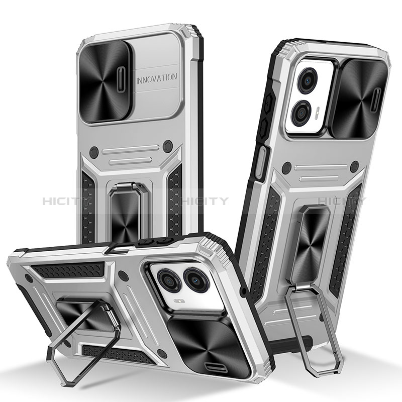 Funda Bumper Silicona y Plastico Mate Carcasa con Magnetico Anillo de dedo Soporte MQ1 para Motorola Moto G53 5G Plata