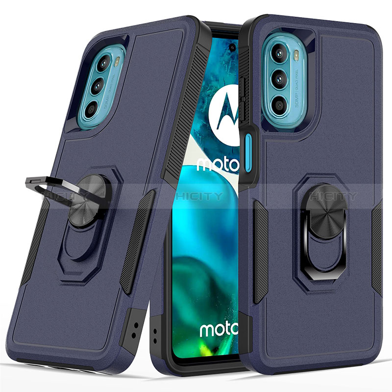 Funda Bumper Silicona y Plastico Mate Carcasa con Magnetico Anillo de dedo Soporte MQ1 para Motorola Moto G82 5G Azul