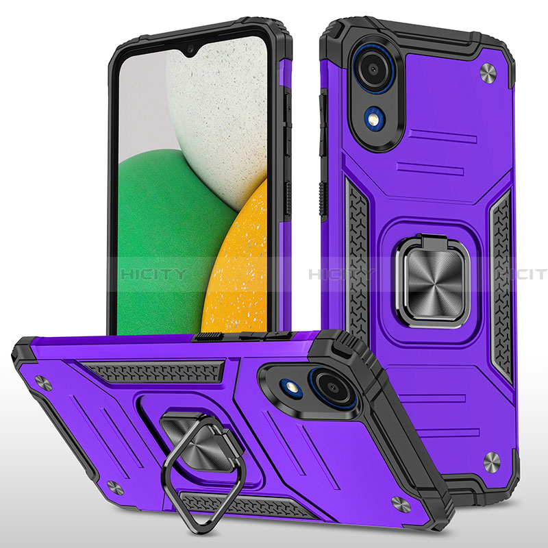 Funda Bumper Silicona y Plastico Mate Carcasa con Magnetico Anillo de dedo Soporte MQ1 para Samsung Galaxy A03 Core Morado