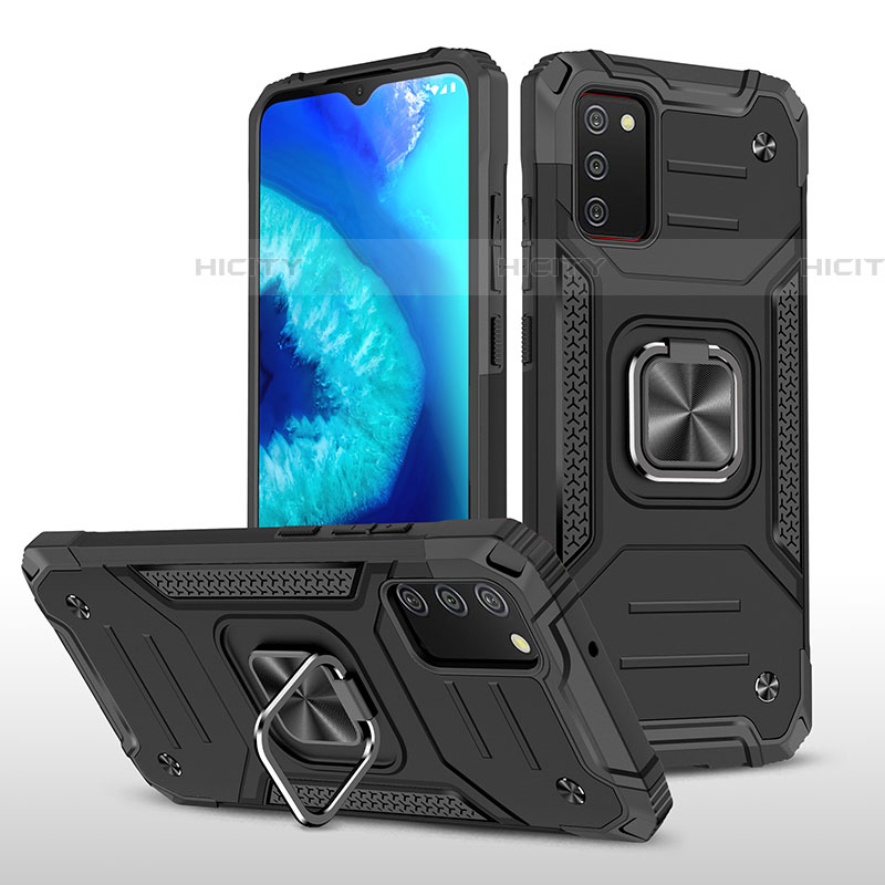 Funda Bumper Silicona y Plastico Mate Carcasa con Magnetico Anillo de dedo Soporte MQ1 para Samsung Galaxy A03s Negro