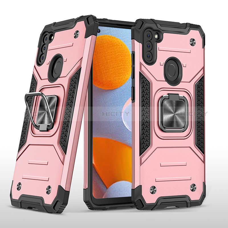 Funda Bumper Silicona y Plastico Mate Carcasa con Magnetico Anillo de dedo Soporte MQ1 para Samsung Galaxy A11 Oro Rosa