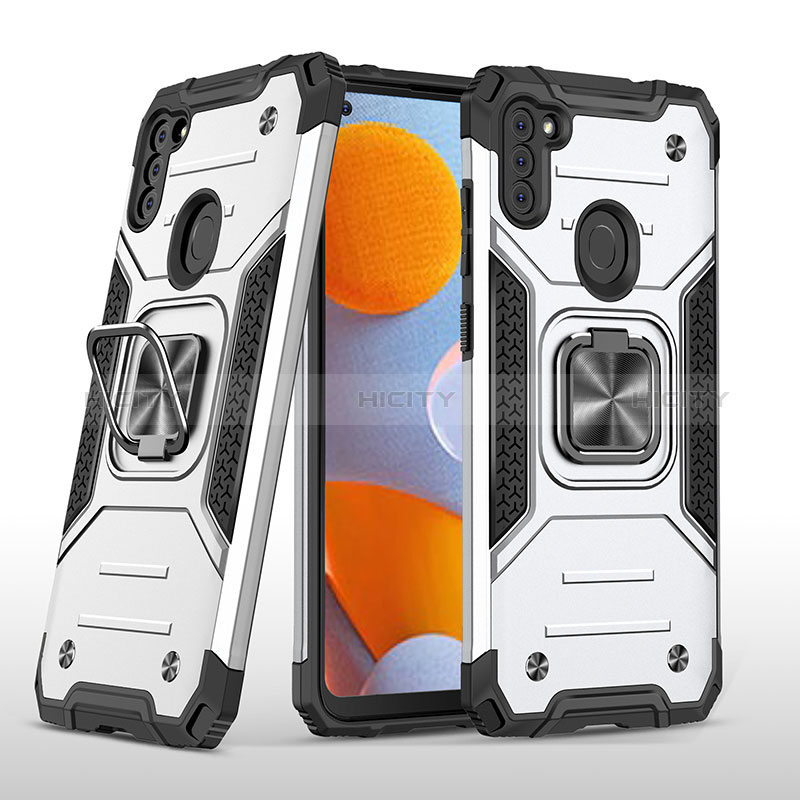 Funda Bumper Silicona y Plastico Mate Carcasa con Magnetico Anillo de dedo Soporte MQ1 para Samsung Galaxy A11 Plata