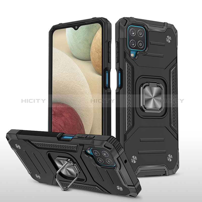 Funda Bumper Silicona y Plastico Mate Carcasa con Magnetico Anillo de dedo Soporte MQ1 para Samsung Galaxy A12 Negro