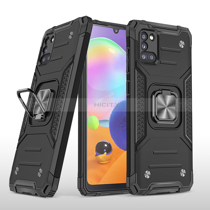 Funda Bumper Silicona y Plastico Mate Carcasa con Magnetico Anillo de dedo Soporte MQ1 para Samsung Galaxy A31 Negro