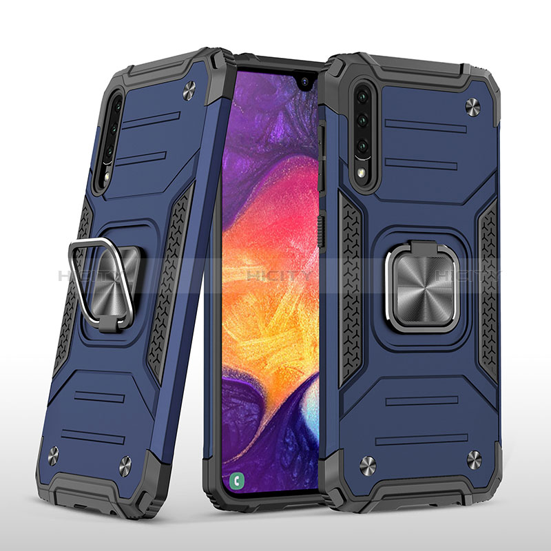 Funda Bumper Silicona y Plastico Mate Carcasa con Magnetico Anillo de dedo Soporte MQ1 para Samsung Galaxy A50 Azul