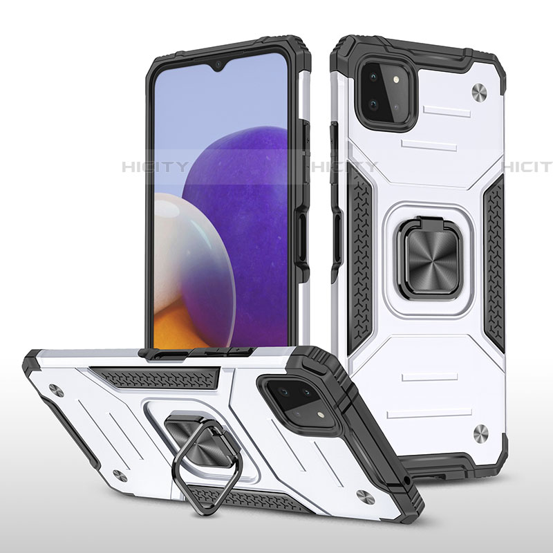 Funda Bumper Silicona y Plastico Mate Carcasa con Magnetico Anillo de dedo Soporte MQ1 para Samsung Galaxy F42 5G Plata