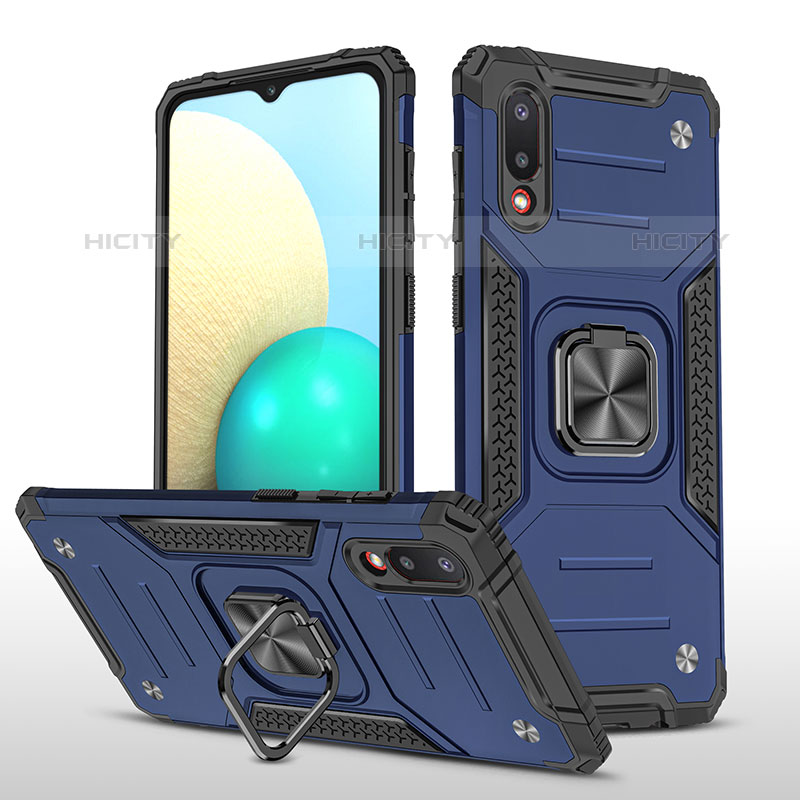 Funda Bumper Silicona y Plastico Mate Carcasa con Magnetico Anillo de dedo Soporte MQ1 para Samsung Galaxy M02 Azul