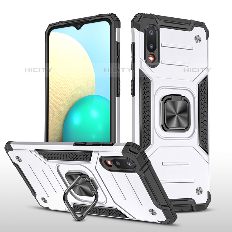 Funda Bumper Silicona y Plastico Mate Carcasa con Magnetico Anillo de dedo Soporte MQ1 para Samsung Galaxy M02 Plata