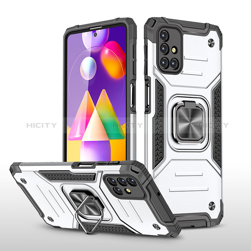 Funda Bumper Silicona y Plastico Mate Carcasa con Magnetico Anillo de dedo Soporte MQ1 para Samsung Galaxy M31s Plata