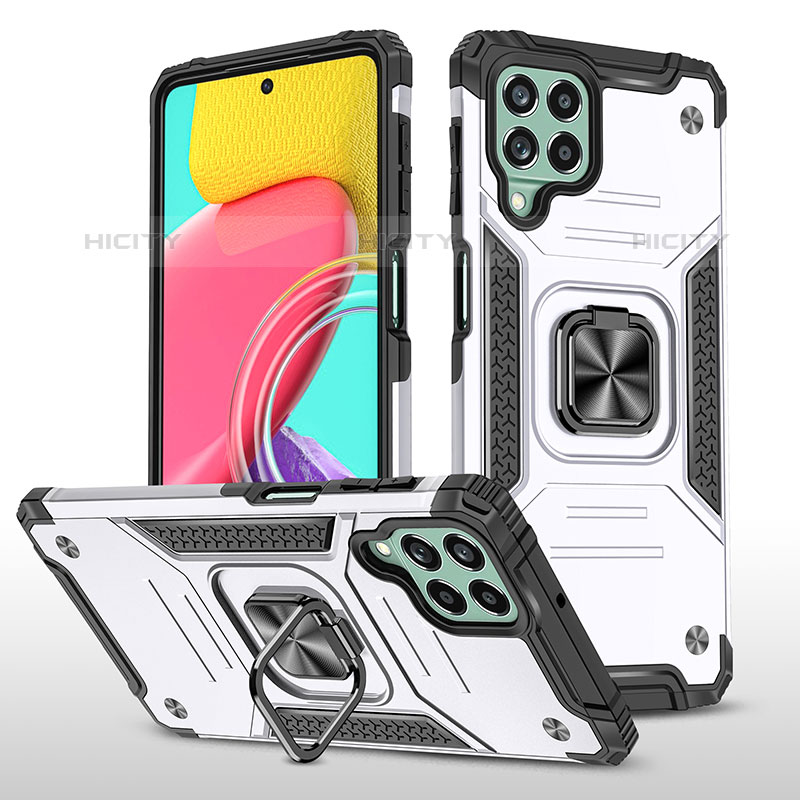 Funda Bumper Silicona y Plastico Mate Carcasa con Magnetico Anillo de dedo Soporte MQ1 para Samsung Galaxy M53 5G Plata