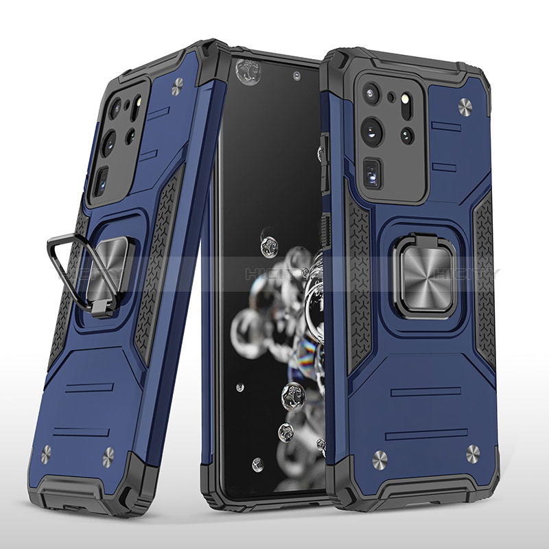 Funda Bumper Silicona y Plastico Mate Carcasa con Magnetico Anillo de dedo Soporte MQ1 para Samsung Galaxy S20 Ultra Azul