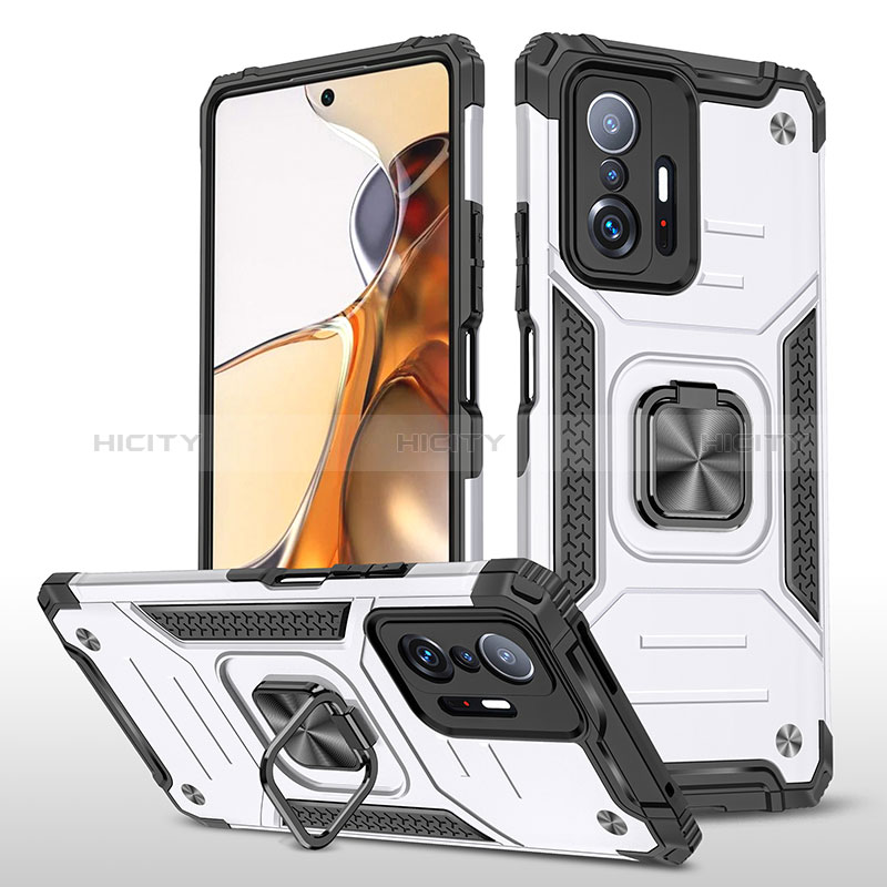 Funda Bumper Silicona y Plastico Mate Carcasa con Magnetico Anillo de dedo Soporte MQ1 para Xiaomi Mi 11T 5G Plata