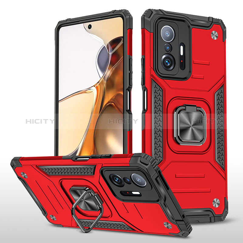 Funda Bumper Silicona y Plastico Mate Carcasa con Magnetico Anillo de dedo Soporte MQ1 para Xiaomi Mi 11T Pro 5G Rojo