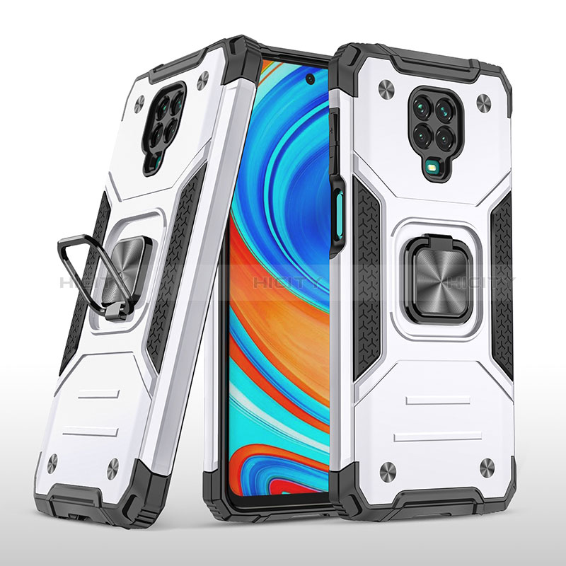 Funda Bumper Silicona y Plastico Mate Carcasa con Magnetico Anillo de dedo Soporte MQ1 para Xiaomi Poco M2 Pro Plata