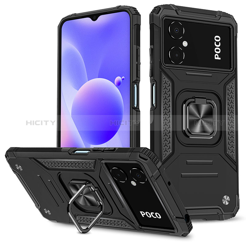 Funda Bumper Silicona y Plastico Mate Carcasa con Magnetico Anillo de dedo Soporte MQ1 para Xiaomi Poco M4 5G Negro