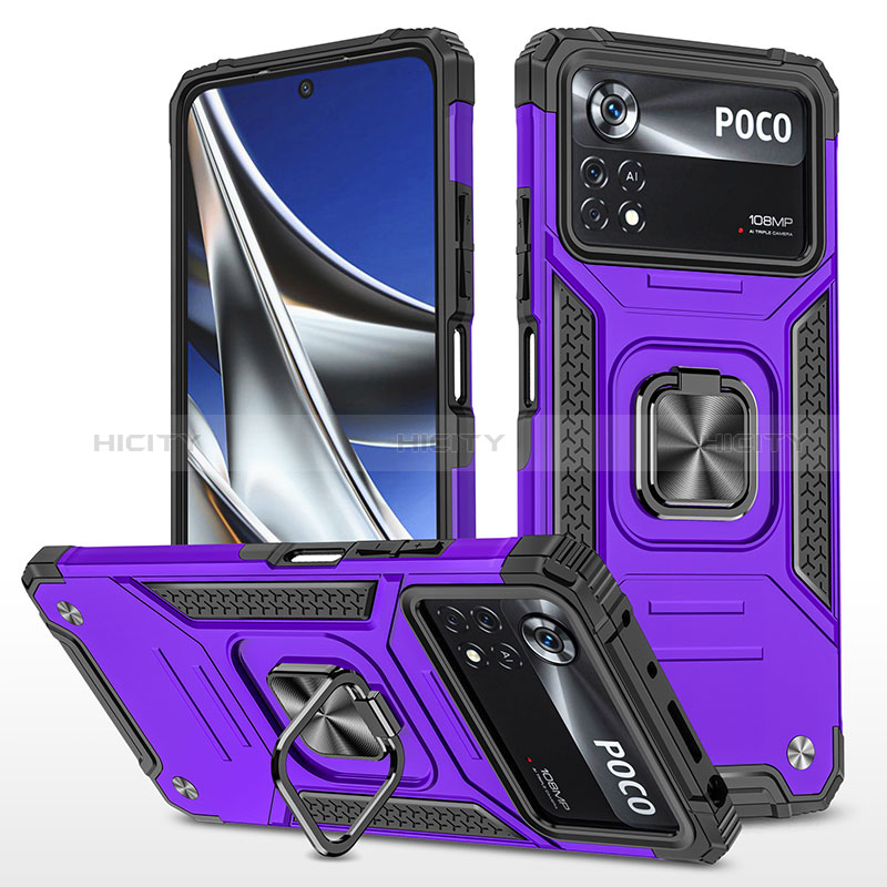 Funda Bumper Silicona y Plastico Mate Carcasa con Magnetico Anillo de dedo Soporte MQ1 para Xiaomi Poco X4 Pro 5G Morado