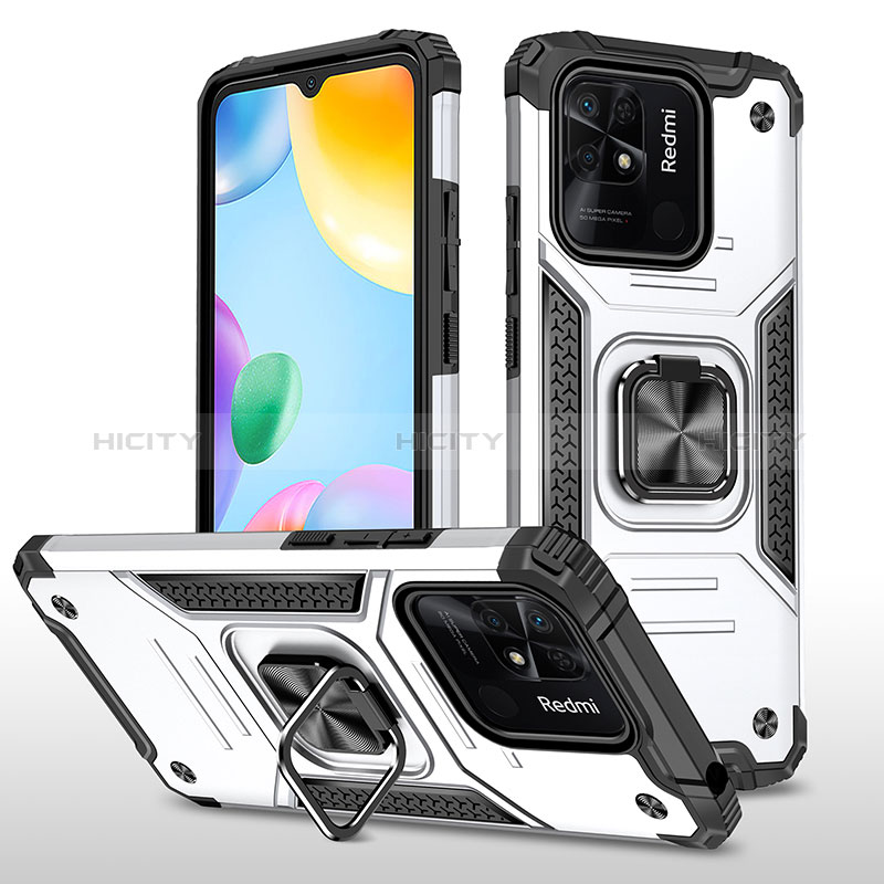 Funda Bumper Silicona y Plastico Mate Carcasa con Magnetico Anillo de dedo Soporte MQ1 para Xiaomi Redmi 10 India Plata