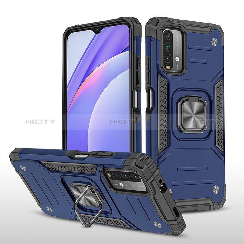 Funda Bumper Silicona y Plastico Mate Carcasa con Magnetico Anillo de dedo Soporte MQ1 para Xiaomi Redmi 9 Power Azul