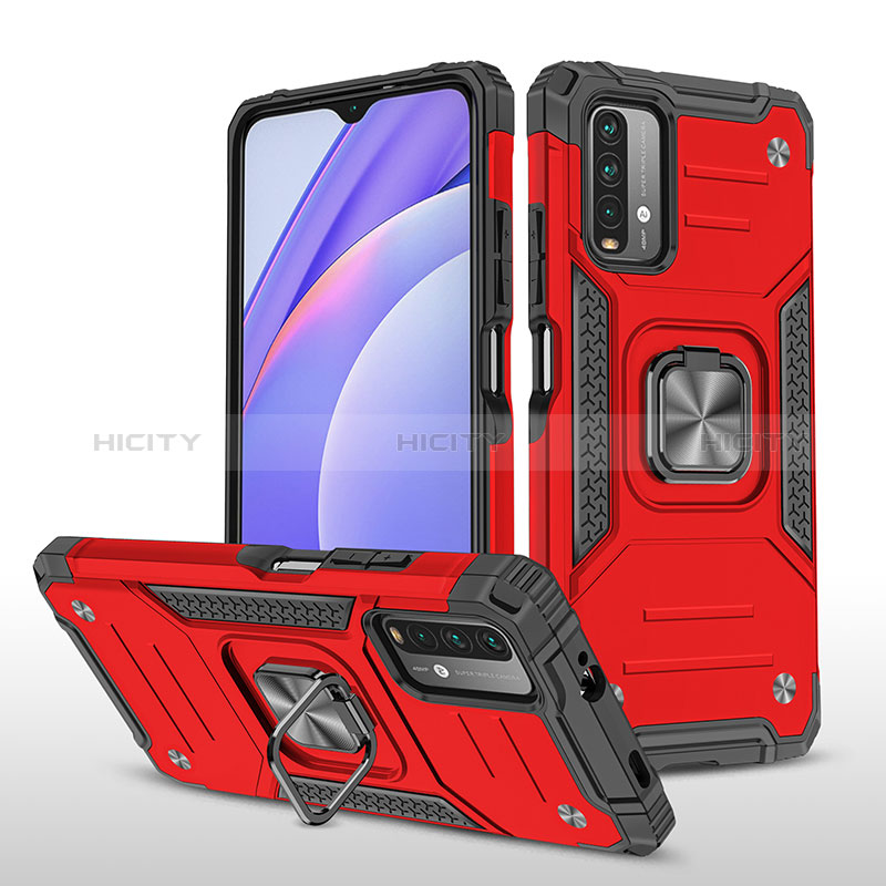 Funda Bumper Silicona y Plastico Mate Carcasa con Magnetico Anillo de dedo Soporte MQ1 para Xiaomi Redmi 9 Power Rojo