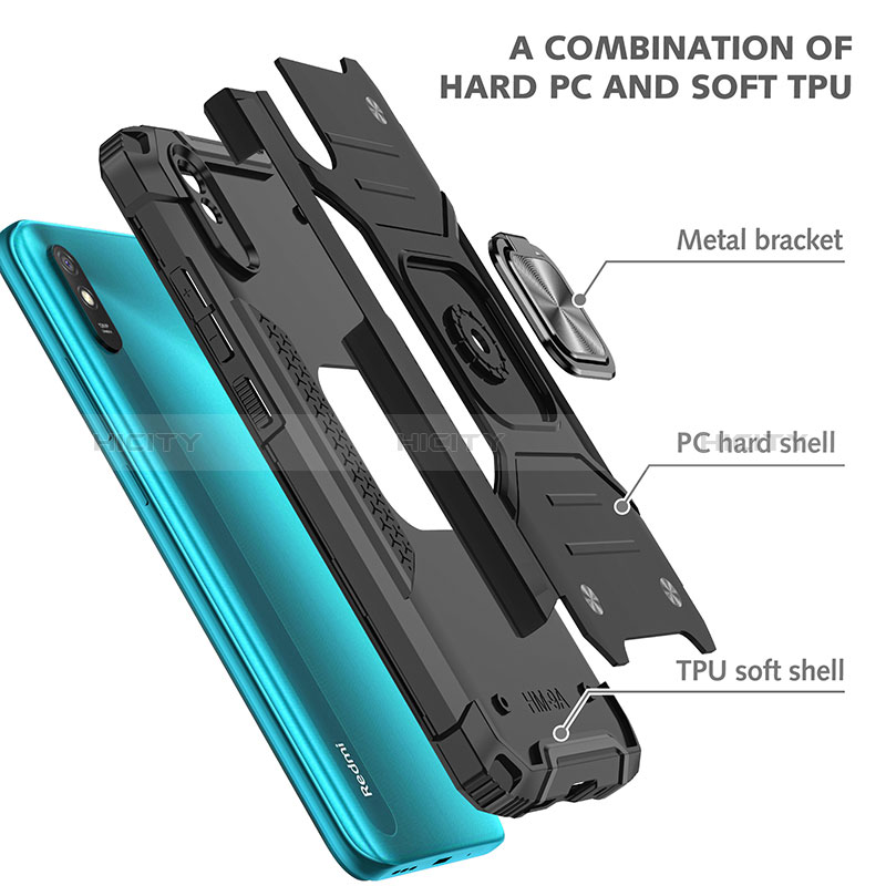 Funda Bumper Silicona y Plastico Mate Carcasa con Magnetico Anillo de dedo Soporte MQ1 para Xiaomi Redmi 9A