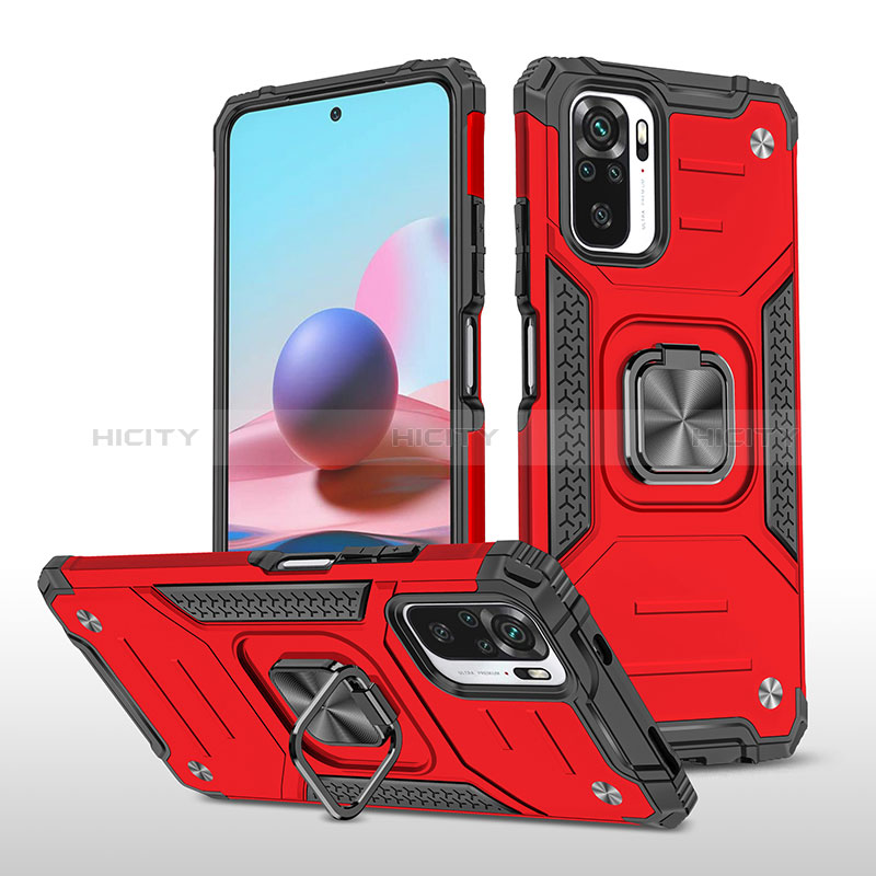 Funda Bumper Silicona y Plastico Mate Carcasa con Magnetico Anillo de dedo Soporte MQ1 para Xiaomi Redmi Note 10 4G Rojo