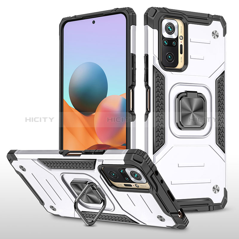 Funda Bumper Silicona y Plastico Mate Carcasa con Magnetico Anillo de dedo Soporte MQ1 para Xiaomi Redmi Note 10 Pro 4G Plata