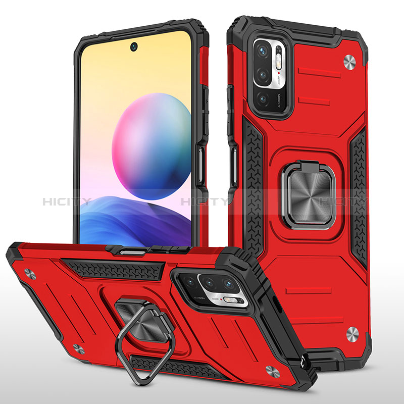 Funda Bumper Silicona y Plastico Mate Carcasa con Magnetico Anillo de dedo Soporte MQ1 para Xiaomi Redmi Note 10T 5G Rojo