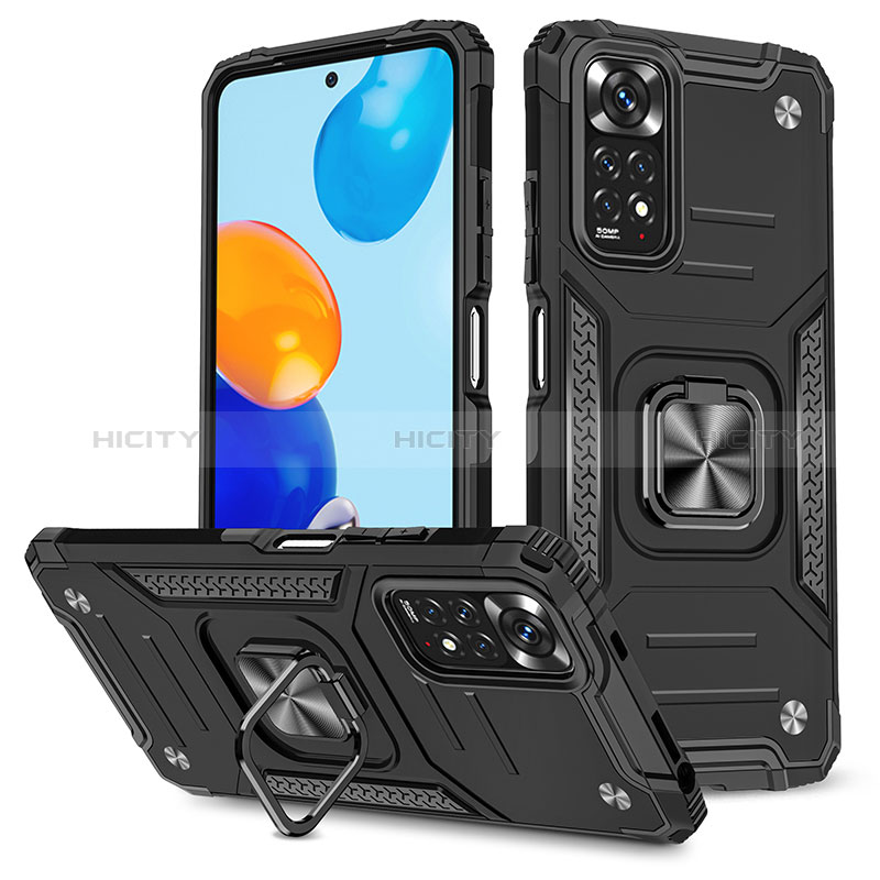 Funda Bumper Silicona y Plastico Mate Carcasa con Magnetico Anillo de dedo Soporte MQ1 para Xiaomi Redmi Note 11S 4G Negro