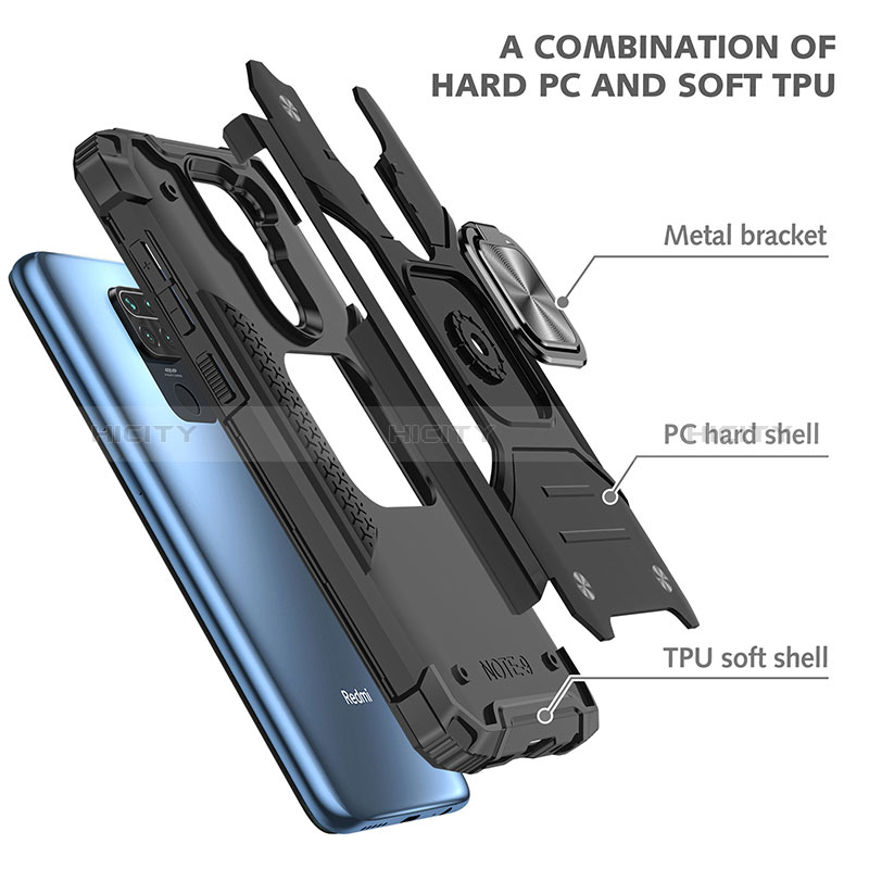 Funda Bumper Silicona y Plastico Mate Carcasa con Magnetico Anillo de dedo Soporte MQ1 para Xiaomi Redmi Note 9