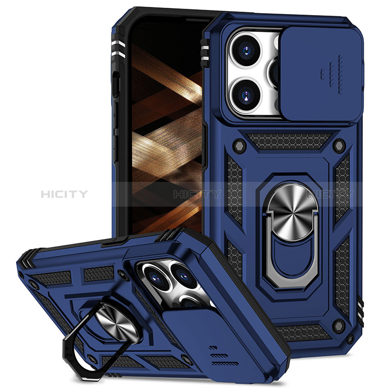 Funda Bumper Silicona y Plastico Mate Carcasa con Magnetico Anillo de dedo Soporte MQ2 para Apple iPhone 13 Pro Azul