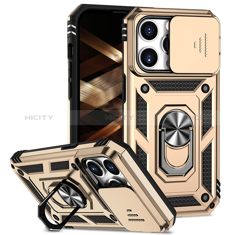 Funda Bumper Silicona y Plastico Mate Carcasa con Magnetico Anillo de dedo Soporte MQ2 para Apple iPhone 13 Pro Max Oro