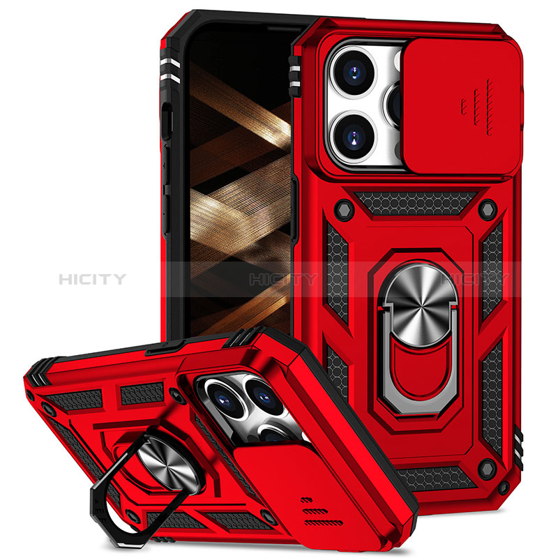 Funda Bumper Silicona y Plastico Mate Carcasa con Magnetico Anillo de dedo Soporte MQ2 para Apple iPhone 13 Pro Max Rojo