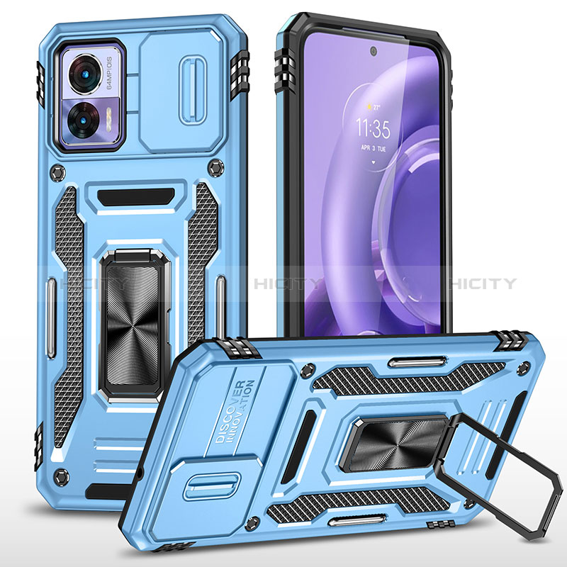 Funda Bumper Silicona y Plastico Mate Carcasa con Magnetico Anillo de dedo Soporte MQ2 para Motorola Moto Edge 30 Lite 5G Azul