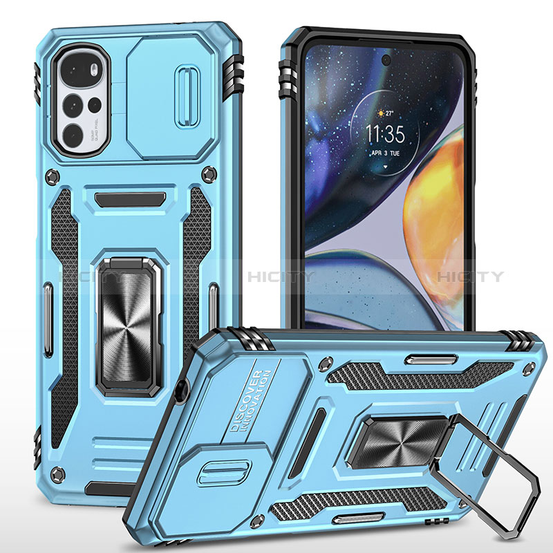 Funda Bumper Silicona y Plastico Mate Carcasa con Magnetico Anillo de dedo Soporte MQ2 para Motorola Moto G22 Azul