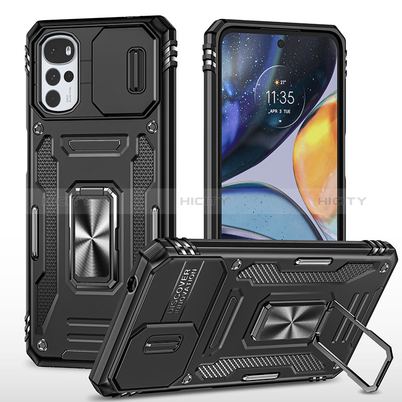 Funda Bumper Silicona y Plastico Mate Carcasa con Magnetico Anillo de dedo Soporte MQ2 para Motorola Moto G22 Negro