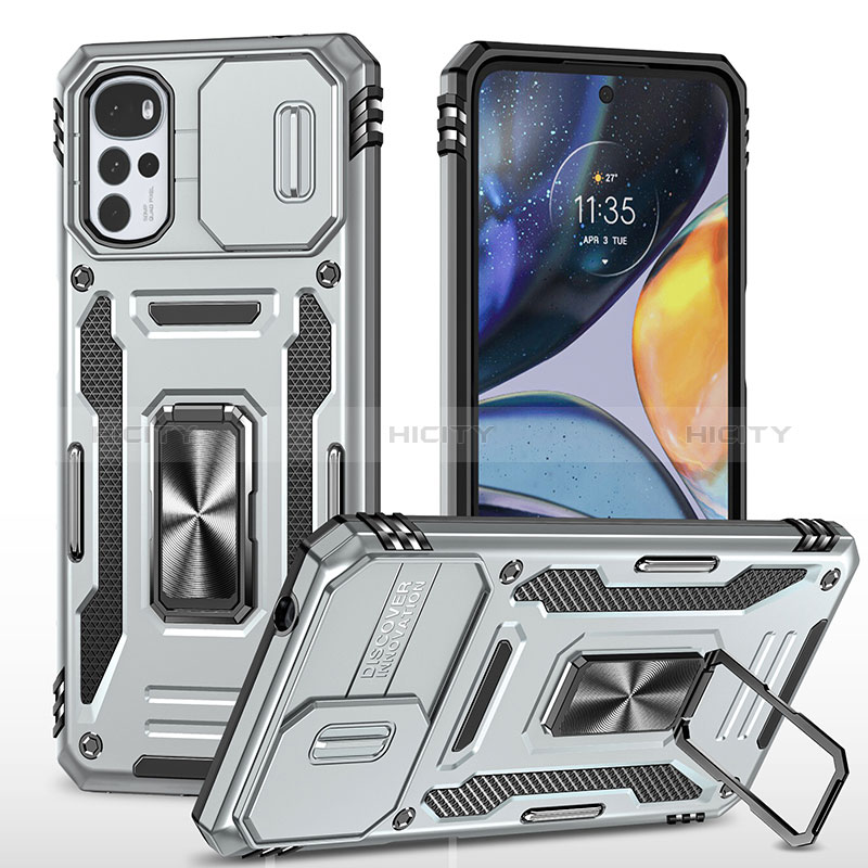 Funda Bumper Silicona y Plastico Mate Carcasa con Magnetico Anillo de dedo Soporte MQ2 para Motorola Moto G22 Plata