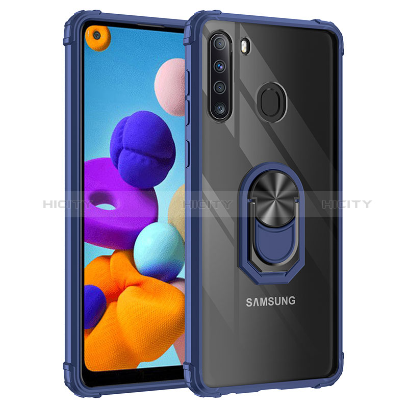 Funda Bumper Silicona y Plastico Mate Carcasa con Magnetico Anillo de dedo Soporte MQ2 para Samsung Galaxy A21 Azul